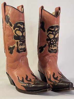 Corral Skull Flame Cowboy PINK Boots Snip Toe Leather Western Women’s 8 Cowgirl
